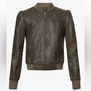 ME+EM 4 Quilt Detail Feminine Leather Bomber Jacket Dark Khaki EUC Brown Lamb